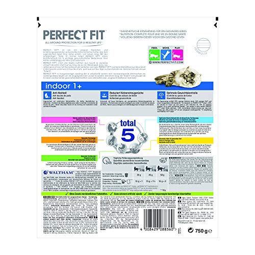 Perfect Fit Katzenfutter Trockenfutter Indoor für Hauskatzen Adult 1+ Reich an Huhn, 5 Beutel (5 x 750g)