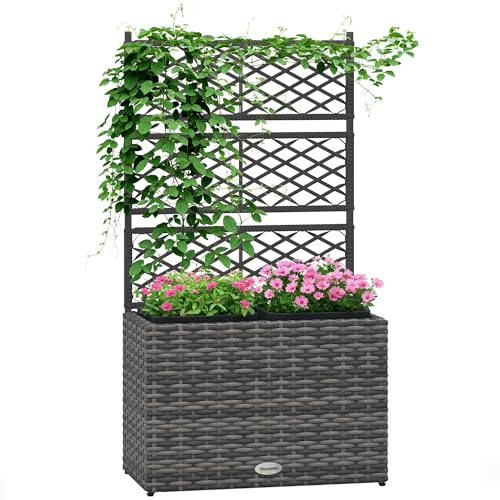 Outsunny Jardinière pour Plantes avec Treillis 2 Pots bac à Plante jardinière 22L Jardin Balcon Patio terrasse extérieur en résine tressée et Acier 57 x...