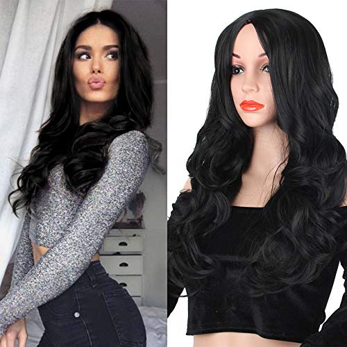 TALANG HAIR Long Wavy Wig Natural Black Synthetic Hair Wigs for Women Middle Part Heat Resistant Full Wigs