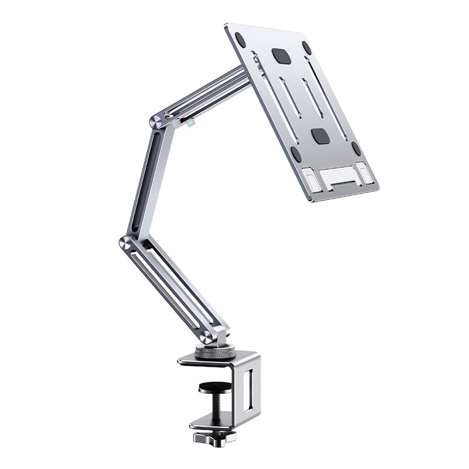Supporto da scrivania per tablet con morsetto, girevole a 360°, in lega di alluminio, ideale per leggere, cucinare, in ufficio o a scuola, colore grigio.