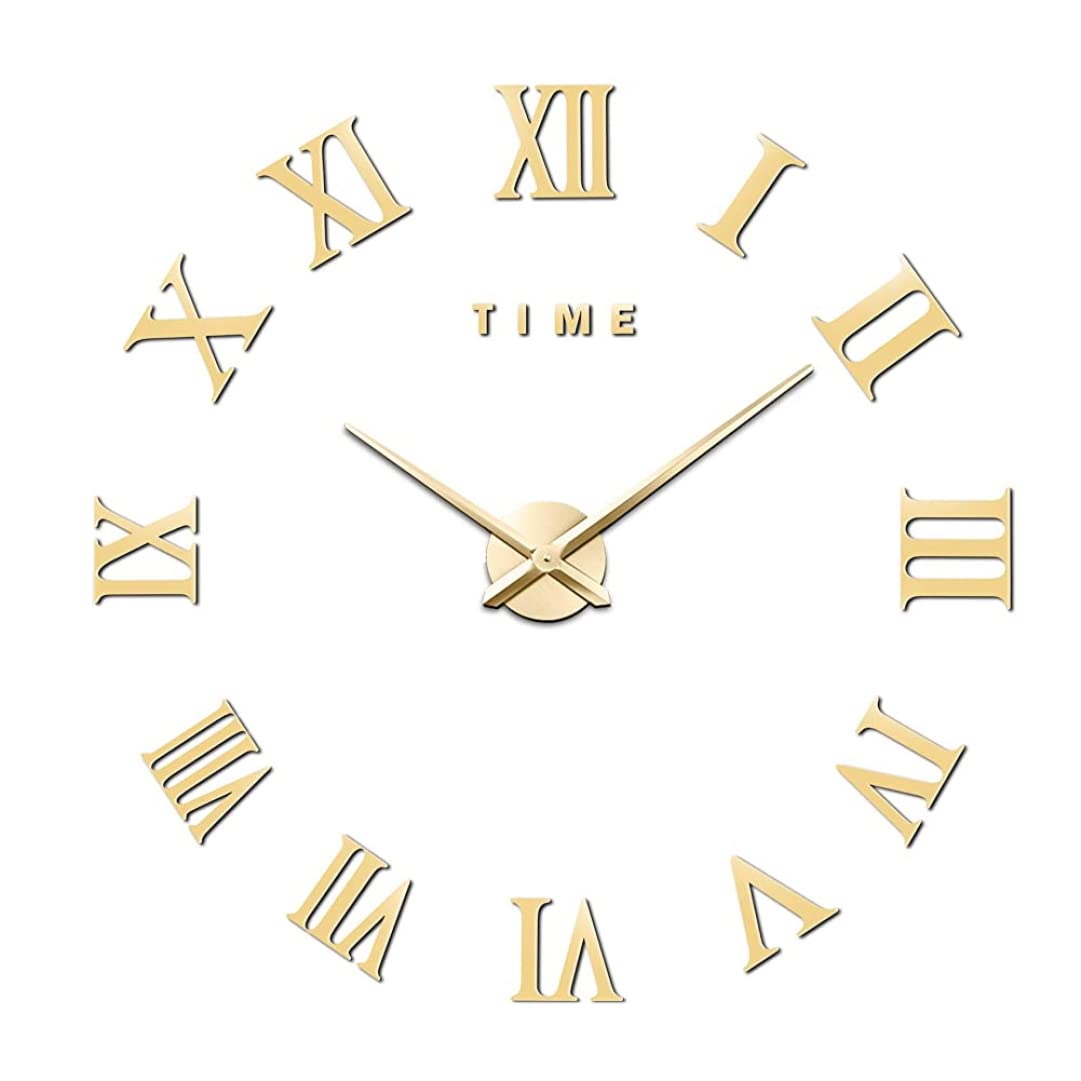 Grande horloge murale 3D dorée moderne sans cadre à chiffres romains géants pour salon