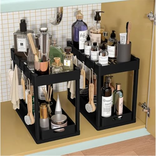 Estante para gabinete de lavabo expandible de 2 niveles, organizador bajo lavabo de acero inoxidable, sin herramientas, resistente al óxido y de alta resistencia (Negro) miniatura 2
