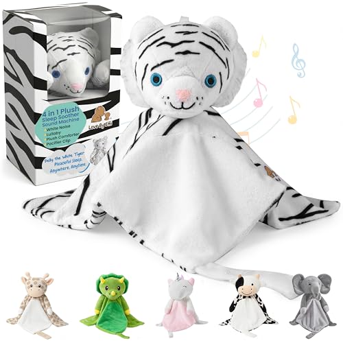 Image of Love By Emi 4 in 1 Baby Lullaby Sleep Soother Toy - Stuffed Animal Sound Machine & Pacifier Holder | Heartbeat White Noise & Music | Plush White Tiger Lovey Sleep Aid Security Blanket (0-3 Years)