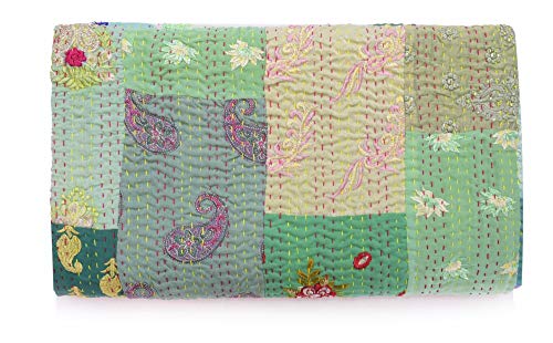 Hecho a Mano Vintage Print Hand Jari Patchwork King/Twin Size Bordado Kantha Edredón Decorativo para el hogar Edredón Kantha Colcha Manta India Coverlet Art (Green, 90 x 108)