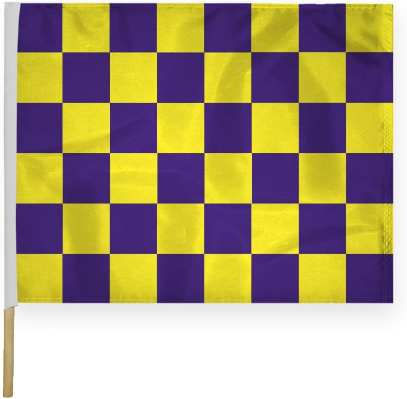 AGAS Checkered Racing Flag Purple Gold – Sports Racing Flag – 24 x 30 Inch – Track & Motorsport – Heavy Duty 200D Nylon Fabric – Mounted on 5/8 Inch x 30 Inch Natural Wood Pole – Stitched Edges, High Visibility – Official End of Race Session Use