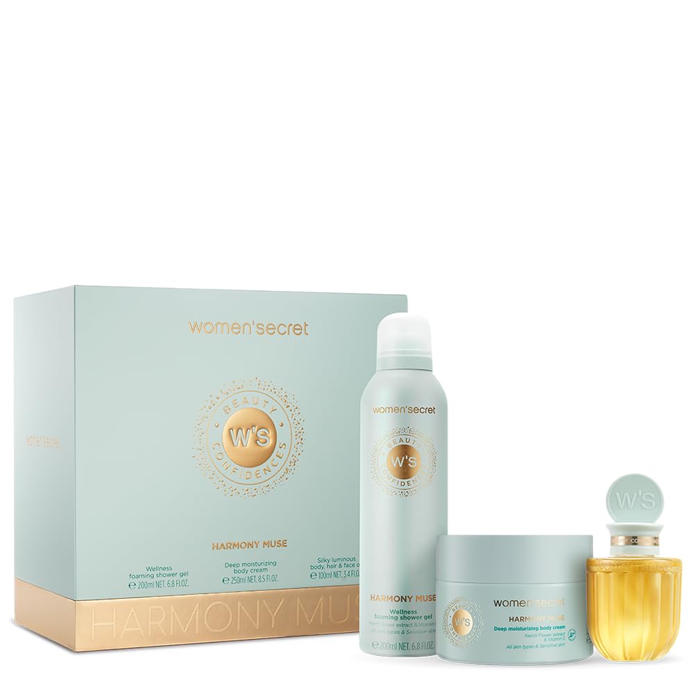 Women'secret Beauty Confidences Harmony Muse Estuche 3 Piezas | Pack Regalo, Crema Corporal 250ml, Gel de Ducha en Espuma 200ml y Aceite Corporal 100ml