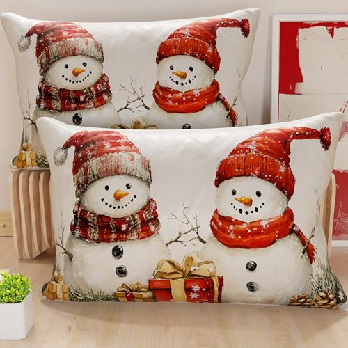 PETTI Artigiani Italiani - Coppia di Federe Cuscino 40x70 cm in Microfibra, Federe Natalizie, Cuscini Arredo di Natale Camera da Letto, Divano, Salotto, Set 2 Fodere Copricuscino, Federa Pupazzo 01