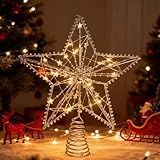Christmas Tree Star Topper with Lights, Xmas Glittered Tree-top 20 LED Lights Christmas Treetop Ornaments for Xmas Tree Winter Party Home Indoor Outdoor Decorations