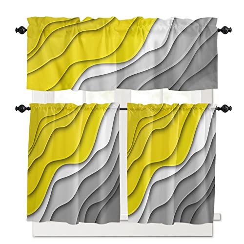 Modern Geometric Kitchen Curtain Valance and Tiers Set 3 Piece Short Window Treatment Rod Pocket Kitchen Modern Abstract Lines Ombre Yellow Grey Valance Set for Small Windows 54
