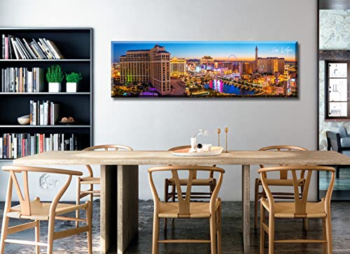 Image of Las Vegas Skyline Wall Art Cityscape Canvas Prints City Modern Building Posters Bellagio Fountain Skyscraper Night View Panoramic Pictures for Home Office Living Room Decor Framed 13.8 inchx45.3 inch