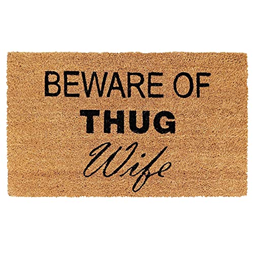 Image of Onlymat Natural Coconut Coir Beware of Thug Wife Funny Printed Anti-Slip Doormat for Home Entrance (45x75cm)
