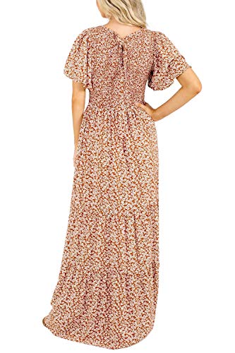 Image of Kranda Women 2025 Summer Fall Crewneck Short Sleeve Smocked Floral Maxi Dress