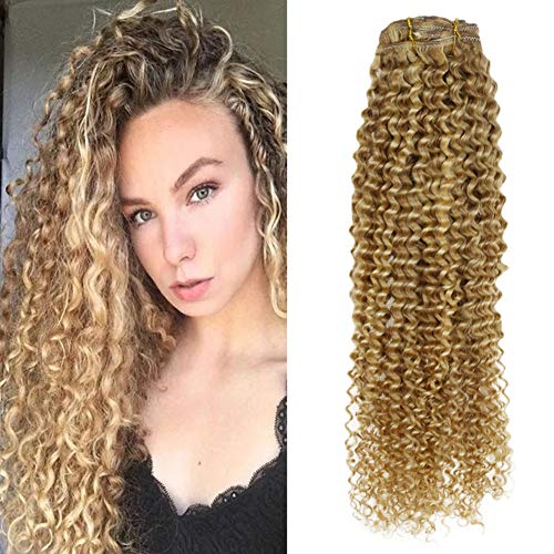 18 Inch Medium Length Clip in Hair Extensions #12 Blonde Highlighted with #613 Blonde Human Hair Kinkys Curly Clip in Hair Extensions Real Human Hair Double Weft 100g/pack