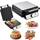 Máquina para desayunos de 1600 W, gofrera eléctrica con revestimiento antiadherente y calentamiento por ambos lados, perilla de ajuste de temperatura con 3 posiciones, tostadora de sándwiches para