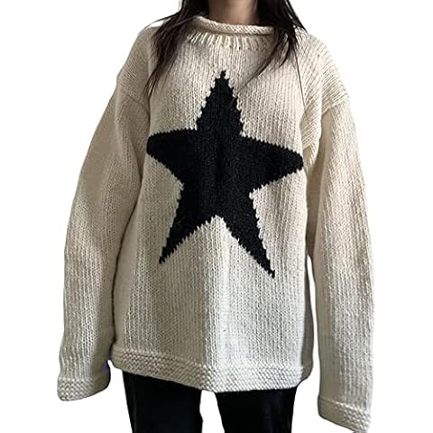 Koitniecer Women Sweater Jumper Long Sleeve Star Print Sweater Y2K Aesthetic Round Neck Loose Sweater Top (White, S) Cover