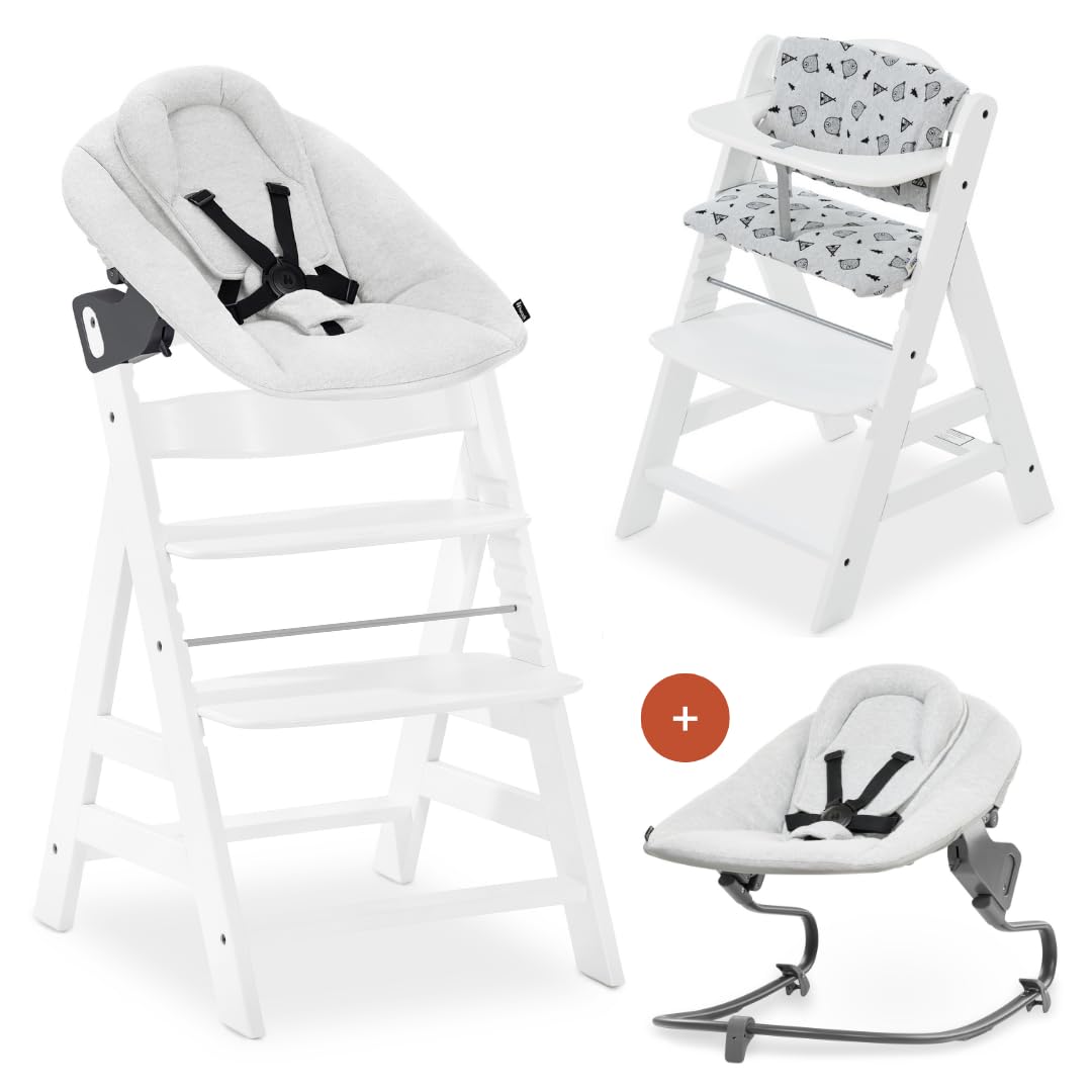 hauck Seggiolone Pappa Evolutivo Alpha Plus Newborn Set Premium, Da 0 Mesi con Sdraietta Neonati Reclinabile Premium Extra Piatta, Cuscino in Cotone - Bianco