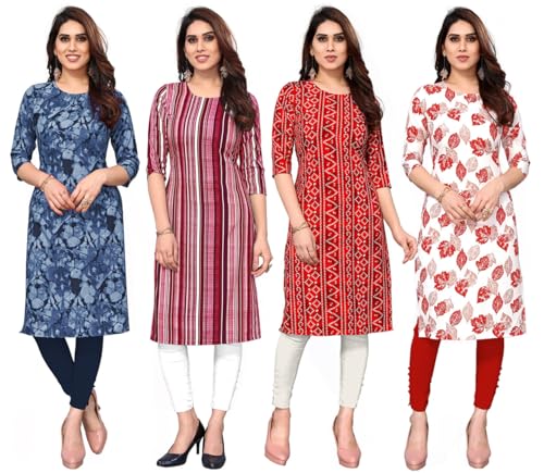 Image of JAKHANA Women's Crepe Printed Casual Straight Calf Length Round Nick Kurta Pack of 4
