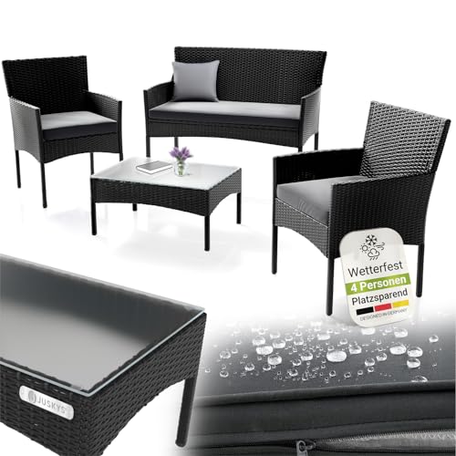 Juskys Polyrattan Sitzgruppe Fort Myers 4 Personen mit 2er Sofa, 2 Stühle, Tisch & Sitzkissen wetterfest schwarz/grau Balkonmöbel Gartenmöbel Set
