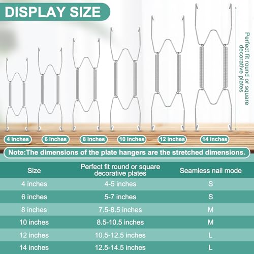 Image of Hotop 12 Pieces Plate Hangers for Wall Stainless Steel Wire Invisible Heavy Duty Plate Hangers Display Holders with 12 Pieces Hooks for Wall Decorative (4 /6 /8 /10 /12 /14 Inch,Silver)