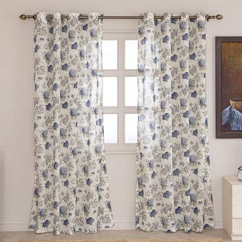 Image of Clasiko Block Print Sheer Window Curtains 40% Light Filtering Linen Textured Curtains with Eyelets | Set of 2 | 54x60 Inches / 5 Feet | Twilight Bloom