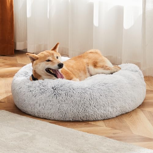 Image of NEWBULIG Round Donut Dog Bed, Large Sized Beds for Indoor Cats and Dogs, Machine Washable Pet Sofa with Anti-Slip, Super Soft Durable Fabric, 37x37 Inch, Grey