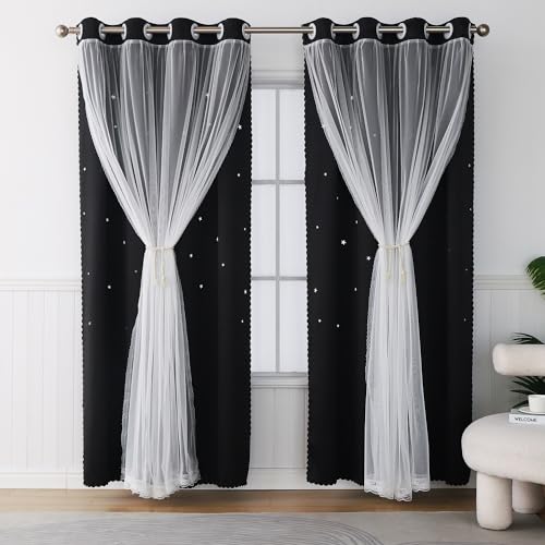 Image of Black Blackout Curtains & Drape 90 Inch Long Sliding Glass Door Star Cutout | Cute Double Layer Curtains White Sheer 2 Panels Girls Bedroom Decor Nursery Divider Room Darkening Window Treatments Cortinas