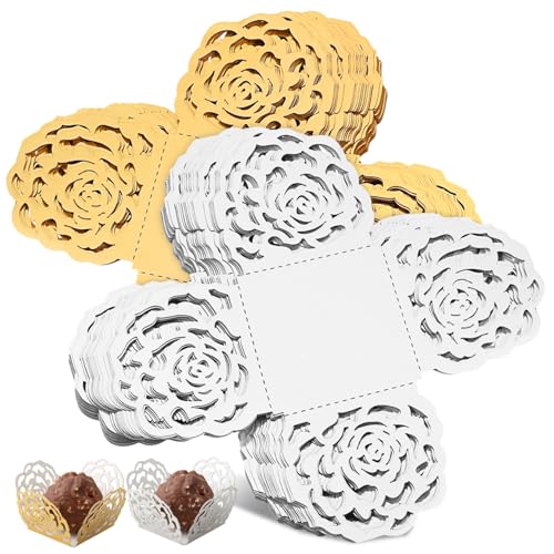 TOYANDONA 100 Piezas Unidades Envoltorios para Chocolate con Diseño de Rosa Hueca Decorativos y Ligeros para Trufas Dulces y Pequeños Postres Bodas y Fiestas Colores Blanco y Dorado