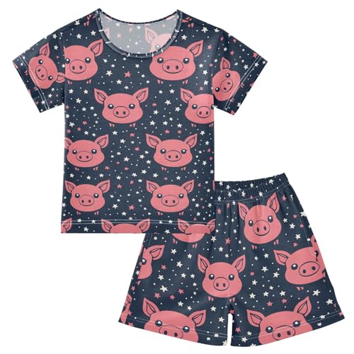 ALAZA Funny Star Pig Blue Pajamas Set Short Sleeve Cotton Sleepwear Summer Pjs 2 Piece 5-14Y