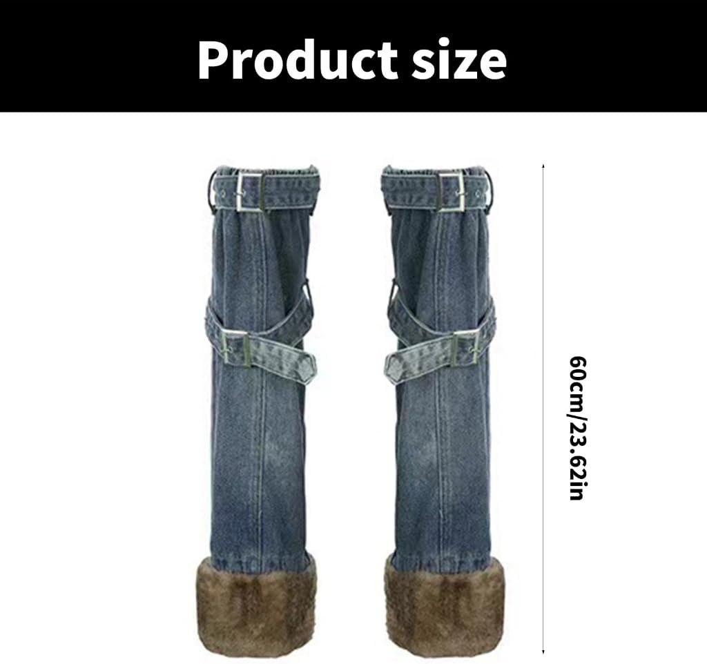 Womens Punk Furry Spliced Jeans Flared Leg Covers with Metal Buckled Vintage Denims Leg Warmers Thigh High Long Socks