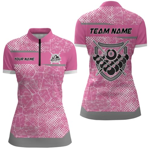 Personalized Pink Grey 8 Ball Billiard Quarter Zip Shirts for Women Custom Billiard Balls Jerseys V0811