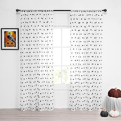 Image of MYSKY HOME Halloween Black Pom Pom Curtains for Bedroom 84 Inches 2 Pieces | Semi White Sheer Curtain, for Nursery Dining Room Living Room, Rod Pocket, Light Filtering, Privacy Drapes, 50 inch x 84 inch