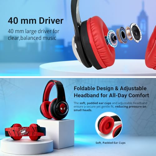 Image of Marvel Spider-Man Kids 3D Bluetooth Wireless Stereo Headphones with Mic| Foldable Ear Cups | Kids Safe 85dB Volume| Aux & SD Card Input | RGB Lights | 30H Playtime | Perfect for Boys | Ages 5-16