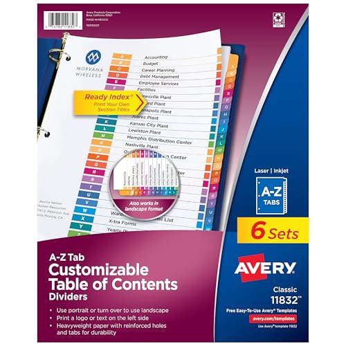 Intercalaires pour classeur Avery 11832 lot de 6 onglets pour tri et archivage de documents