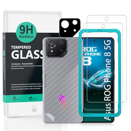 IBYWIND スクリーンプロテクター 2 パック Asus ROG Phone 8 5G 6.78 インチ (Asus ROG Phone 8 Pro 5G には対応しません)、硬度 9H 強化ガラス、カメラレンズプロテクター 1 枚付き、背面カーボンフ