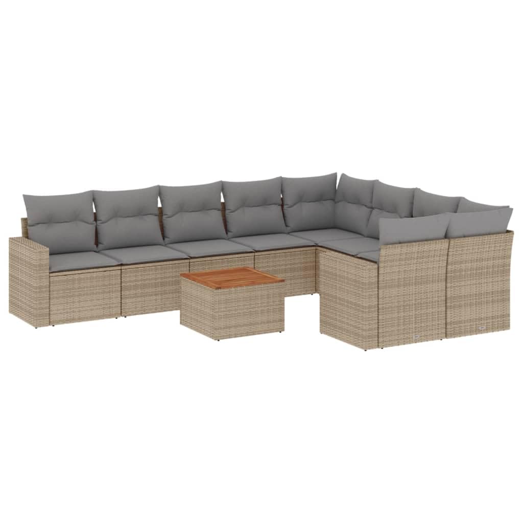 Set Divano da Giardino 10 Pezzi in Rattan PE con Tavolo Beige | Salotto componibile modulare per patio o terrazza con cuscini sfoderabili e piano tavolo in legno di acacia.