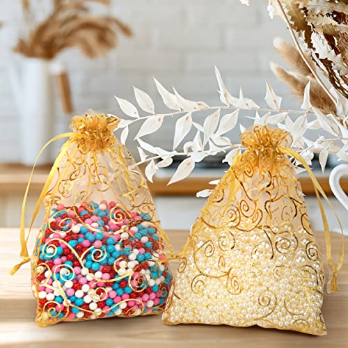 Image of Staruby Organza Gift Bags 50 Pcs Gold Sheer Organza Bag 6x8 Inch Mesh Favor Bags Drawstring Jewelry Rattan Printed Gift Pouches for Wedding Party Favors Couple Shower Christmas Gifts Candy Bags