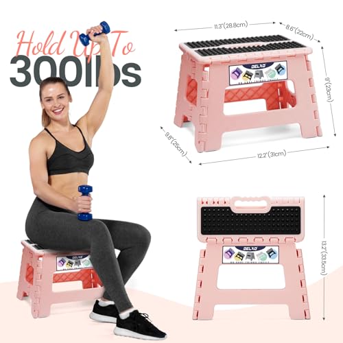 Image of Delxo Folding Step Stool 9 Inch,Non-Slip Foldable Stools for Kids & Adults Up to 300 LBS,Kitchen Collapsible Fold Up Stepping Stool with Dotted 1 Pack,Pink