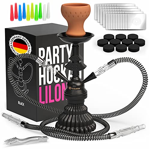 tricase Hookah Set 2 Hose Hookah â€“ LilOne 12â€ Black Mini Hookah Combo Kit Shisha Hookah Set with Prepunched Foil Hookah Charcoal Hookah Bowl Disposable Tips Mouthpiece Tongs Hookah Pipe
