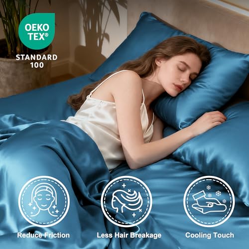 Image of Love's cabin Satin King Sheet Sets - 4 Piece Teal Silky Sheets King Size Bed Set with Deep Pocket, Luxury Silk Feel King Size Satin Sheet Set (1 Flat Sheet,1 Fitted Sheet,2 Pillow Cases)