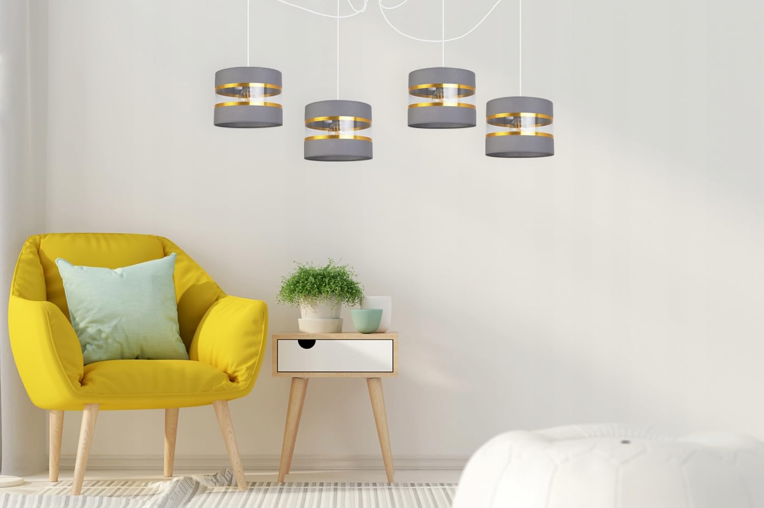 Light-Home Spider Elegance Deckenleuchte Pendelleuchte - Moderner Deckenleuchter für Schlafzimmer Wohnzimmer und Küche im Glamour - E27 mit 4 Lichtpunkten - Lampenschirm Stoff 20cm - Weiß und Grau