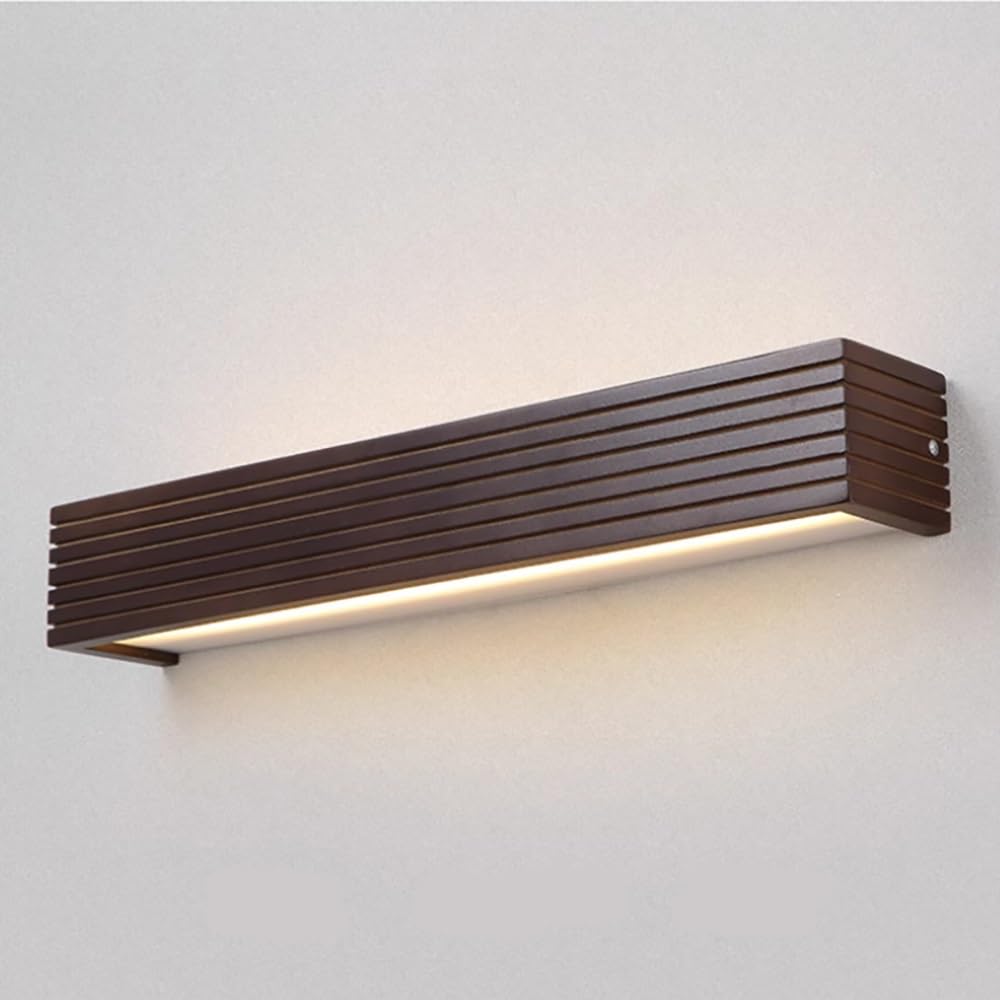 Drewniana lampa ścienna LED z wbudowanym lustrem, nowoczesny styl, długa i minimalistyczna, idealna do makijażu, sypialni lub przedpokoju (ciepłe światło, 55 cm).