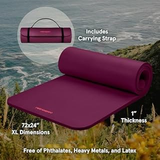 Retrospec Solana Yoga Mat 1" Thick w/Nylon Strap for Men & Women - Non Slip Exercise Mat for Home Yoga, Pilates, Stretching, Floor & Fitness Workouts - Boysenberry