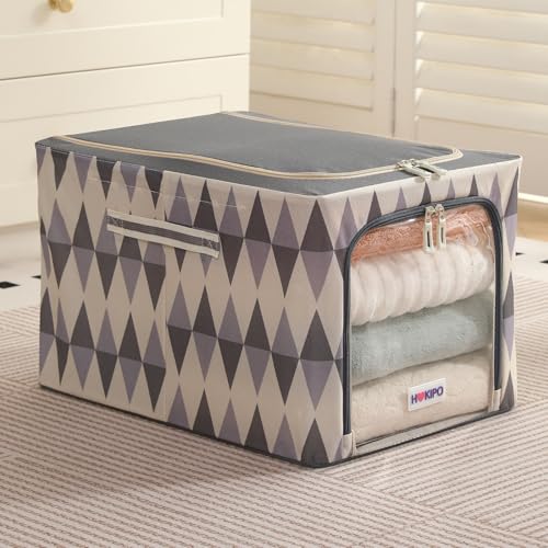 Image of HOKIPO Clothes Storage Box, 600D Oxford Fabric Organiser for Wardrobe, Ash Mirage - Large Pack of 1 (AR-6489-GRY)
