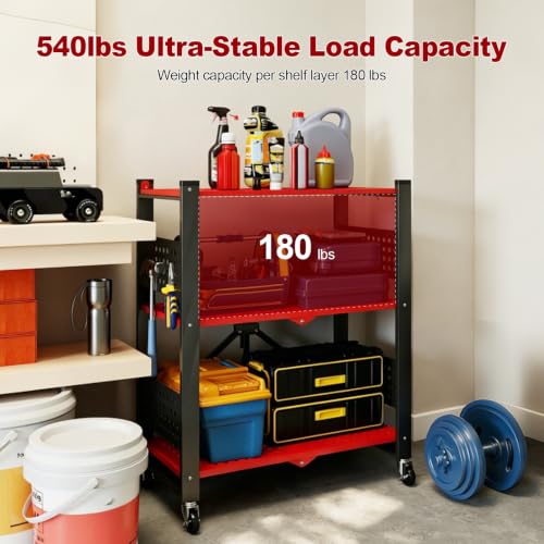 Image of 3-Tier Folding Shelf with Roller Casters for Storage Required. | Heavy-duty steel folding shelf Side Pegboard Construction Garage Shelves, Red And Black Perforated Shelves, No assembly