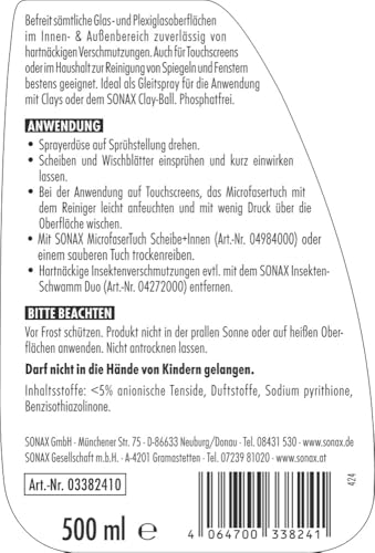 SONAX ScheibenKlar (500 ml) Scheibenreiniger zum Entfernen von Insektenverschmutzungen und Straßenschmutz von Fahrzeugscheiben und Scheinwerfern, Art-Nr. 03382410