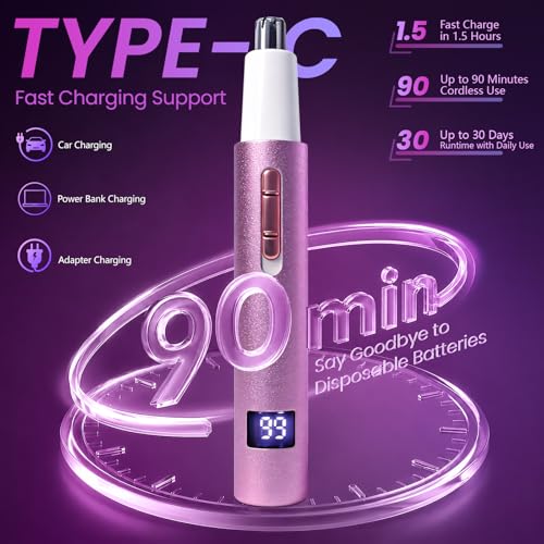 Image of Nose & Ear Hair Trimmer for Women and Men, 2026 Painless USB Rechargeable Facial & Eyebrow Trimmer Clipper with LED Display for Easy Cleansing, Portable Grooming Kit,Gift Box Included (Pink)