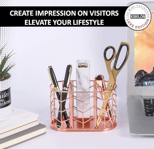Image of 3 Compartment Desk Organizer | Multipurpose Metal Stationery Holder & Makeup Brush Stand | Electroplated Iron Storage Basket for Office & Vanity (Rose Gold)