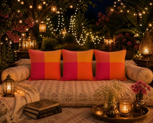 Image of RANGBHAR Handloom 100% Cotton Cushion Cover Set of 3 | Cushion with All-Around Piping for Premium Finish | 16x16 Inches Hand Woven Striped Cushion Covers - Orange