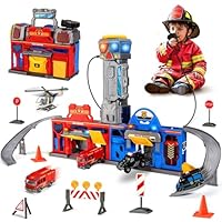 Police & Fire Station Transform Track Sets for Boys 3 4 5 6, Foldable Large City Action Playset with Light, Sounds, Walkie-Talkie, Cars and Helicopter, Birthday Gifts for Kid Boys 3-5,4-6
