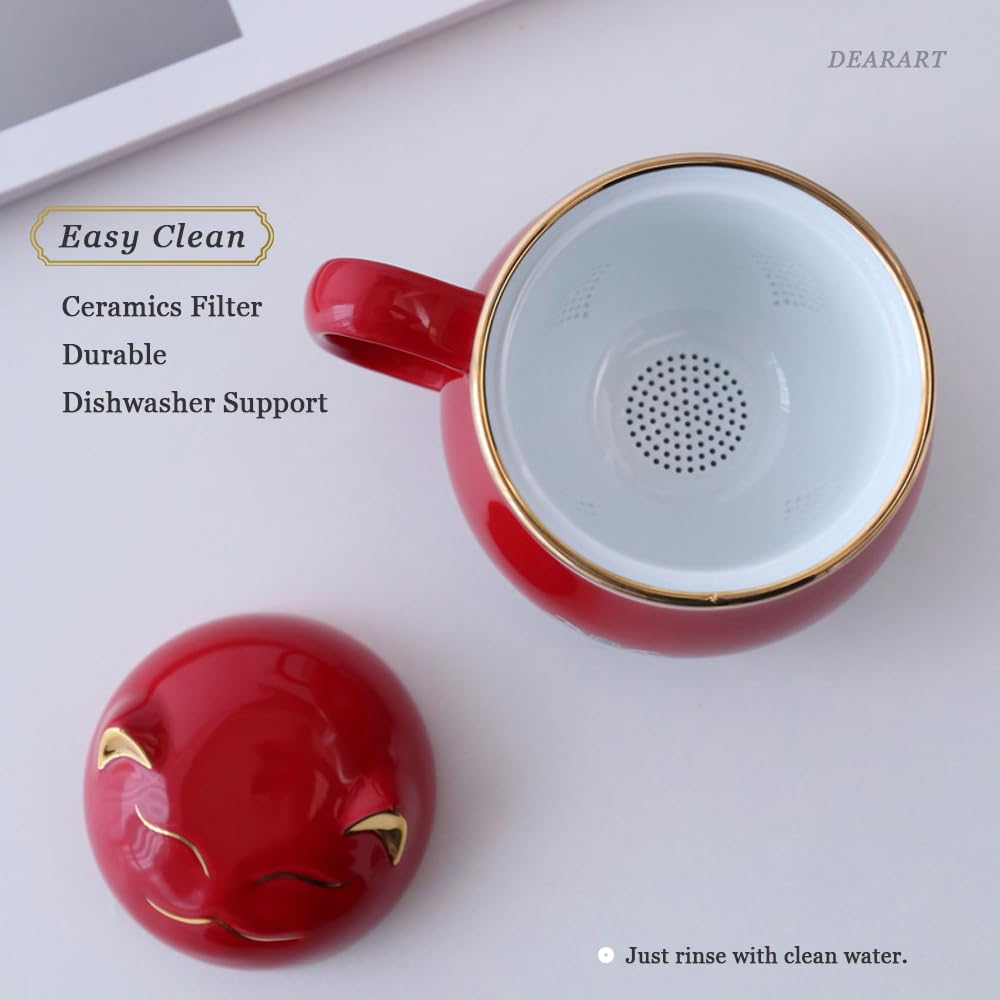 DEARART Beautiful Tea Cup Portable Set, 10.8oz Mug and 2-Cups, Wide Mouth Easy to Clean Keep Tea Hot, Steeping Loose Leaf Tea Bag, Cute Cat, Red